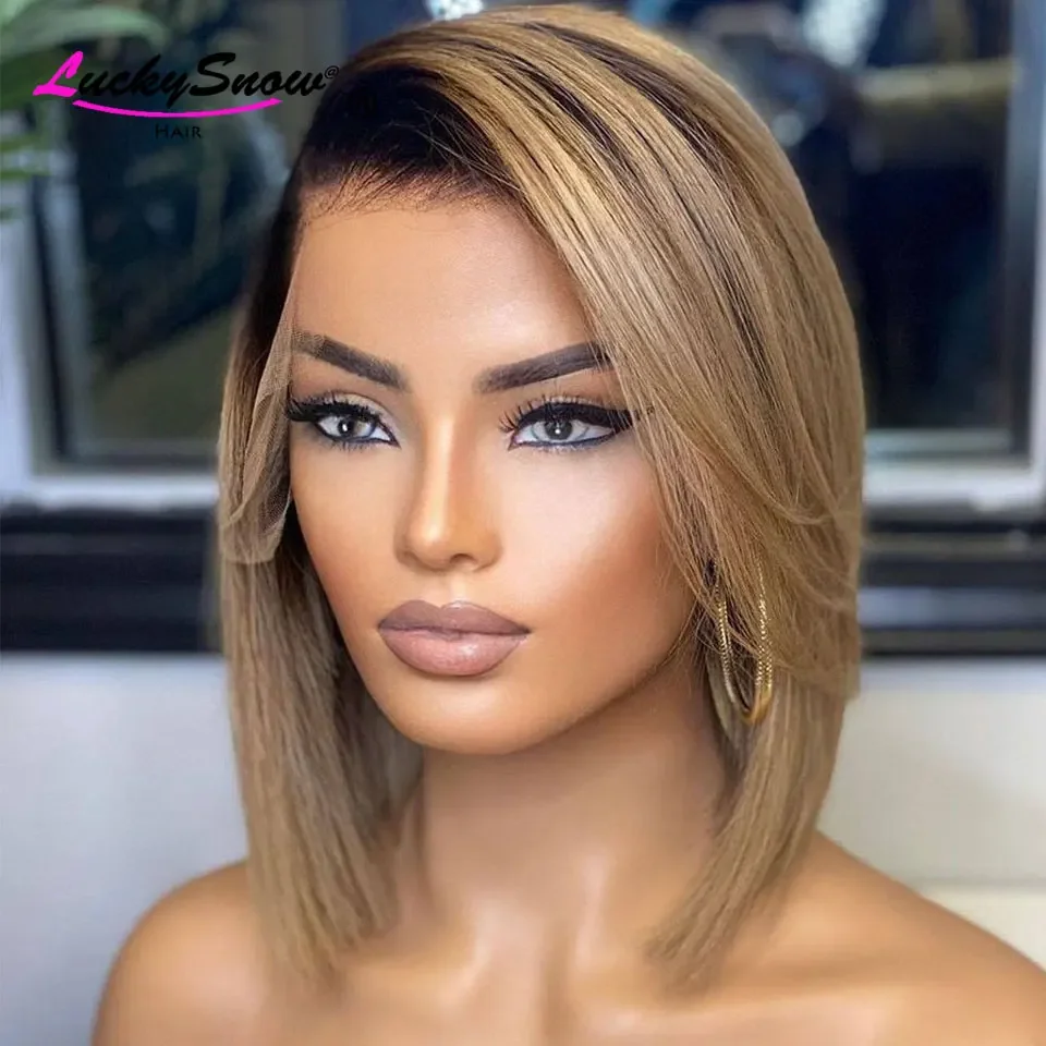 200-density-cosplay-brazilian-colored-human-hair-wig-ombre-1b-brown-straight-short-bob-transparent-13x4-lace-frontal-wigs