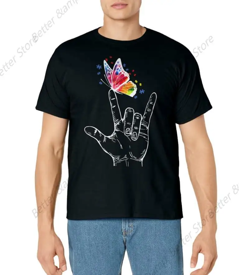 I Love You Hand Sign Language Butterfly Autism Awareness T-Shirt