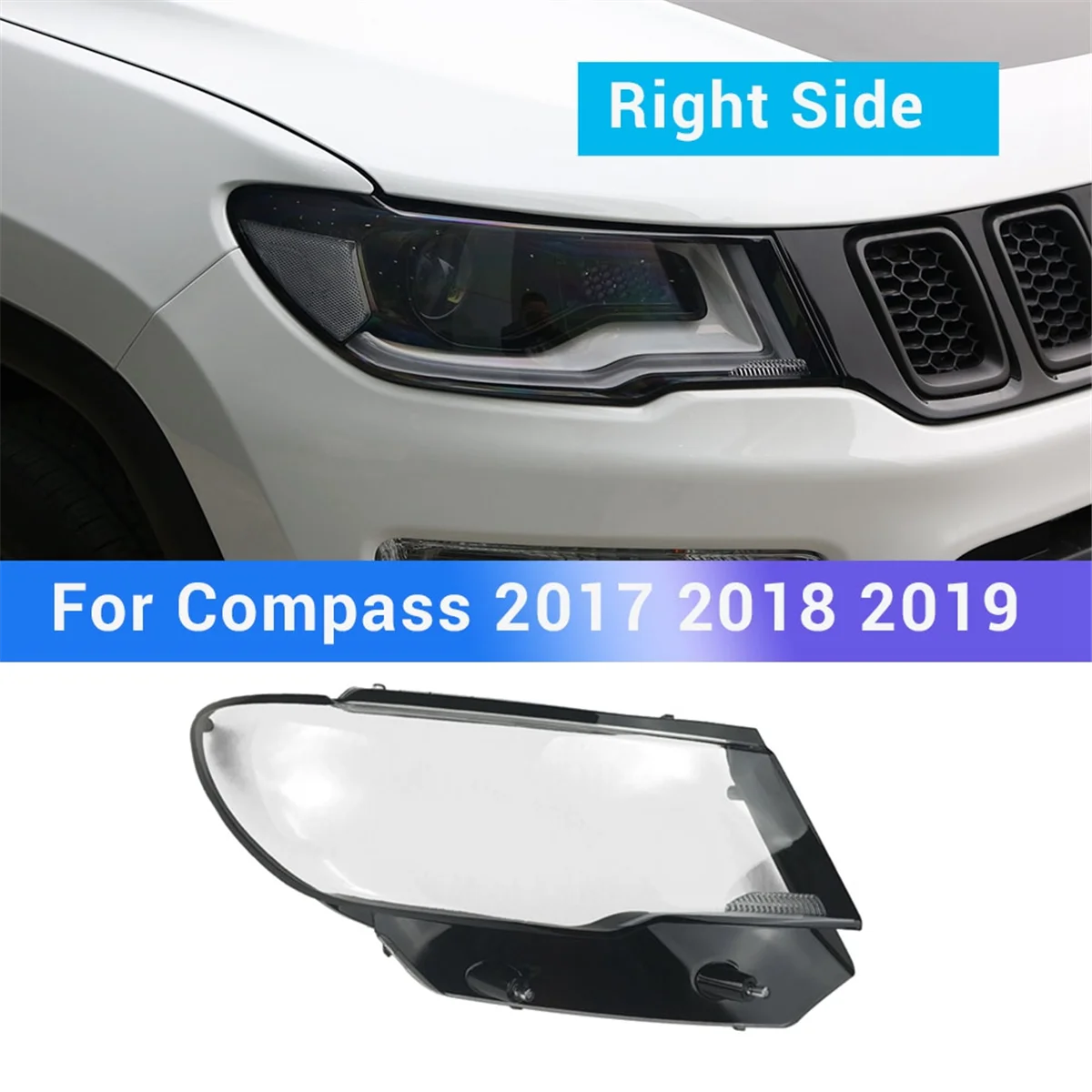 Right Side for Jeep Compass 2017 2018 2019 Car Headlight Lens Cover Lampshade Transparent Front Light Shell