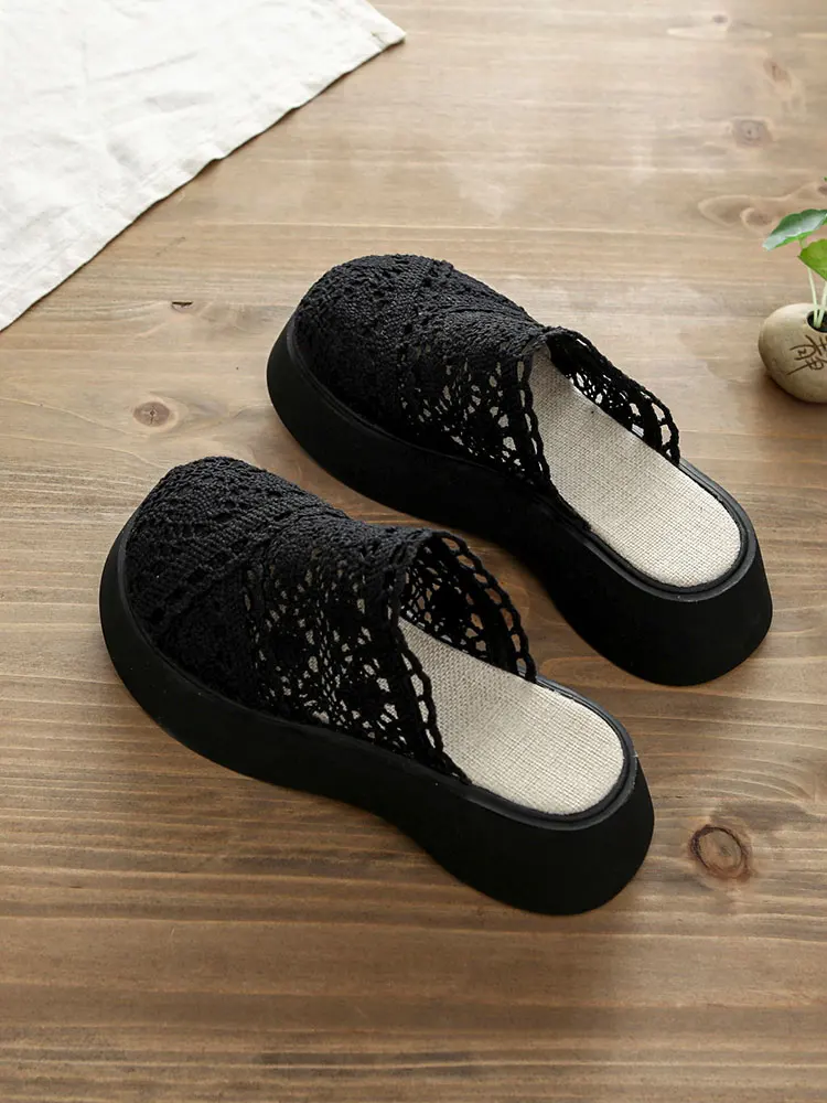 Thick Bottom Head Cover Slippers Women's Outdoor Spring Summer Lace Hollow Mesh Surface Cool Slippers Lightweight Big Head Shoes