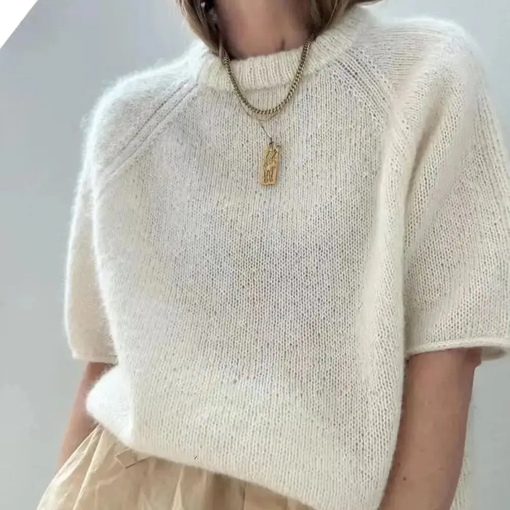 2023 Summer New Women\'s Simple High end Extremely Simple Style Short sleeve Round neck Sweater Pullover mohair Knitted Top Women