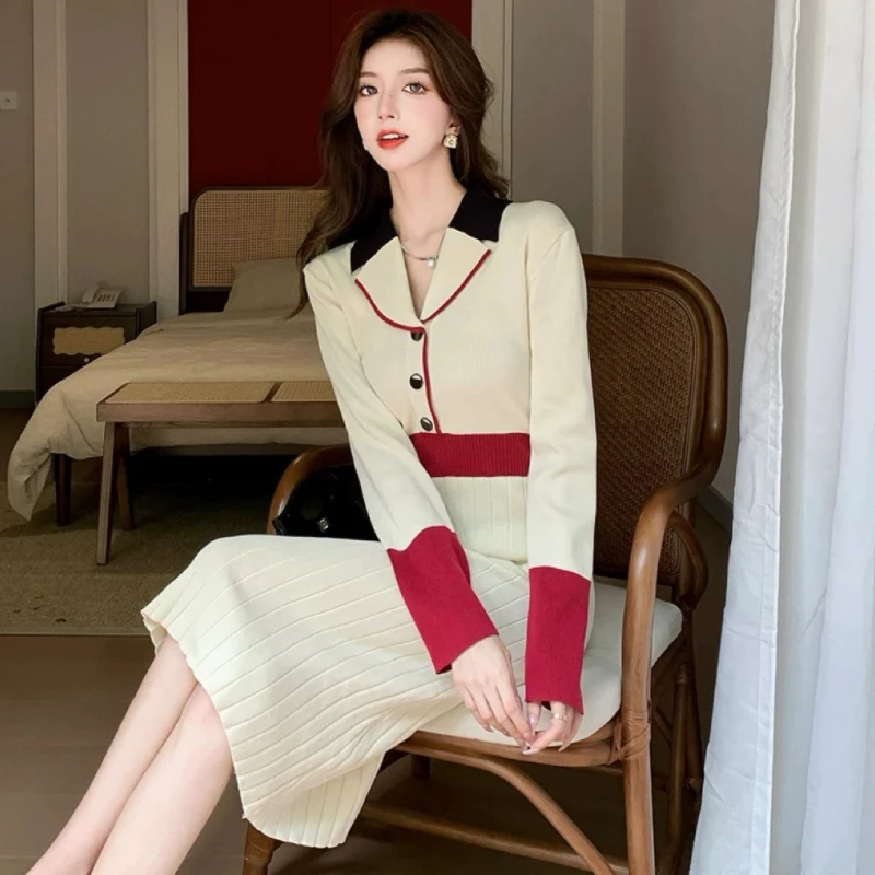 Korean Fashion Hit Color Notched Collar Knitting Dress Autumn Winter Single Breasted Long Sleeve  Elastic Pleated Midi Vestidos