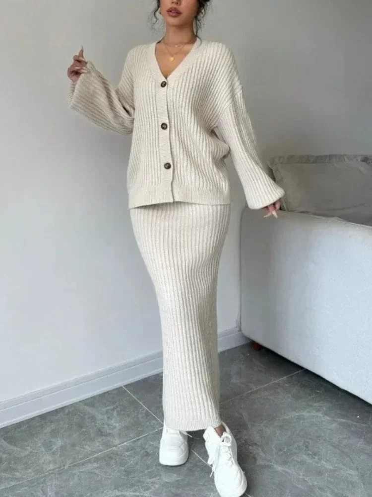 Cardigan ample pour femmes, ensemble deux pièces, manches longues, col en v, veste pull, jupe serrée aux hanches, ensemble tricoté élégant, nouvelle collection automne hiver