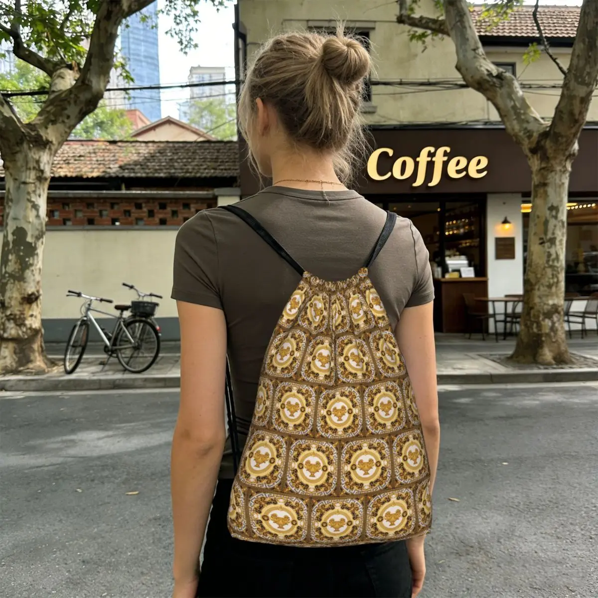 

Decorative Golden Medallion Baroque Backpacks Multi-function Drawstring Bags Sports Bag Book Bags for Travel School