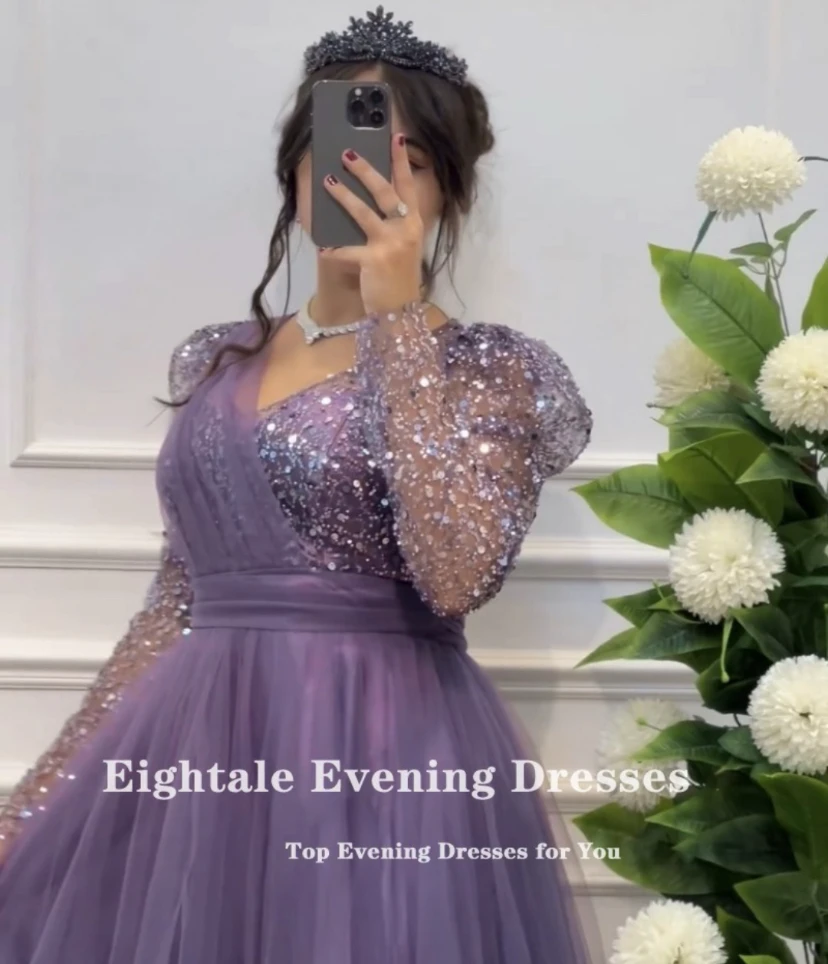 Eightale Luxury Evening Dresses Customized V-Neck Sequined A-Line Purple Tulle Prom Gown for Wedding Party robes de soirée