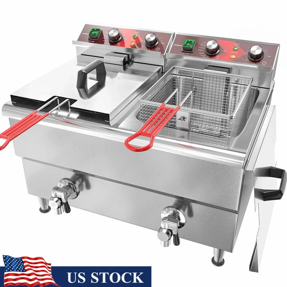 Commercial Electric Deep Fryer Stainless Steel 24L Dual Tank with Oil Filtration Timer 3500W Quick Heating Restaurant Frying