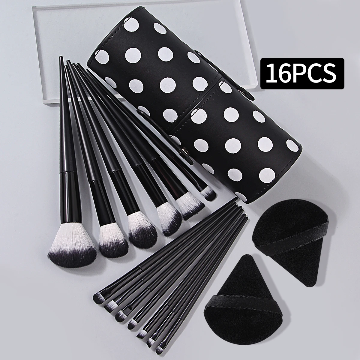 블랙 13피스 메이크업 브러쉬 세트, 부드러운 모의 아이섀도우 브러쉬, 컨투어 브러쉬, 2개 삼각형 파우더 퍼프, 가죽 보관통