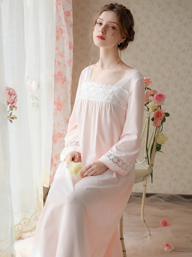 Women Spring Autumn Sleepwear Long Sleeved Cotton Lace Antique Sweet Pajamas Nightgowns Square Neck Princess Vintage Nightdress