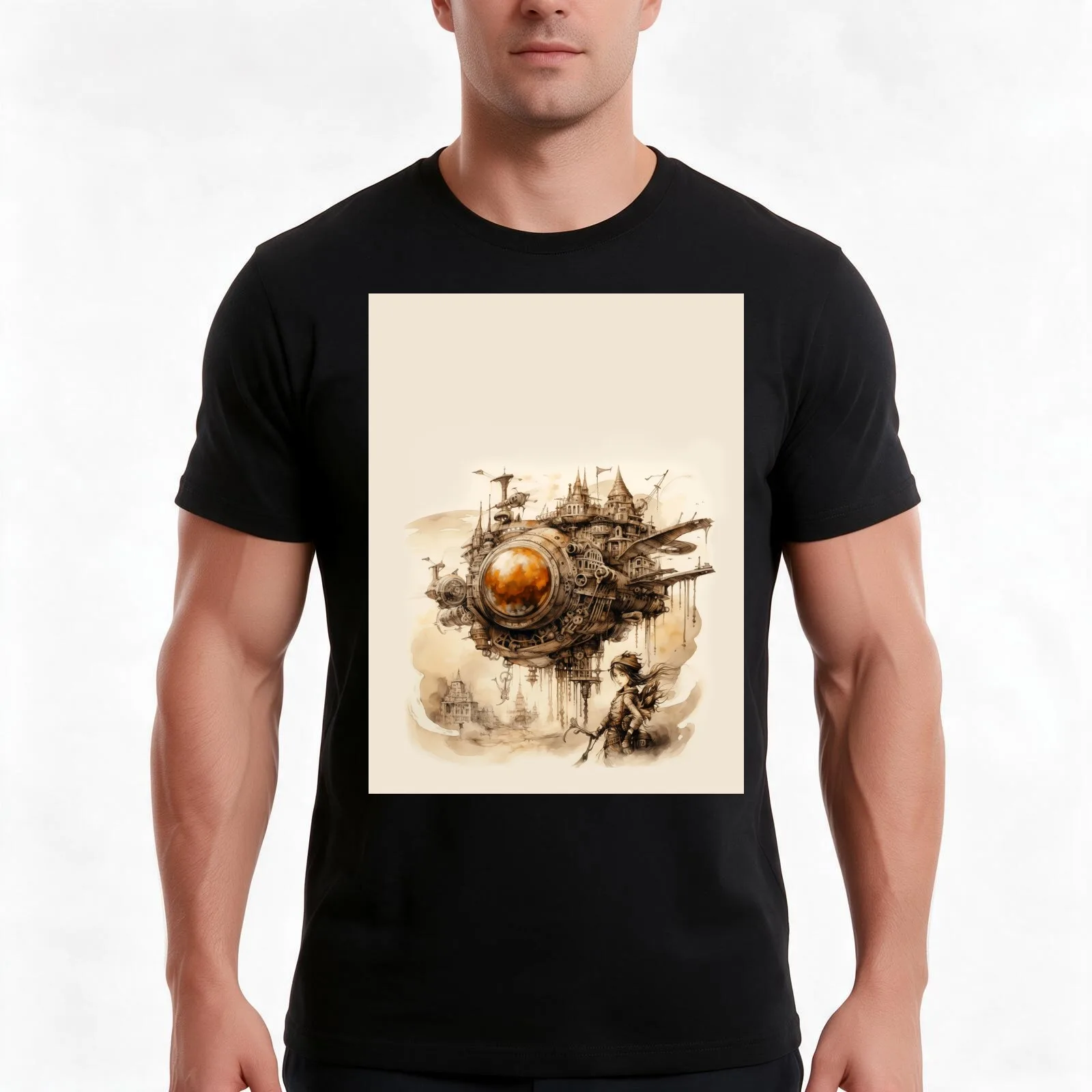 Steampunk ship with pilot - vintage - profile - 03 Graphic T-Shirt, Summer Casual Cotton Tee, Oversized Streetwear Tops