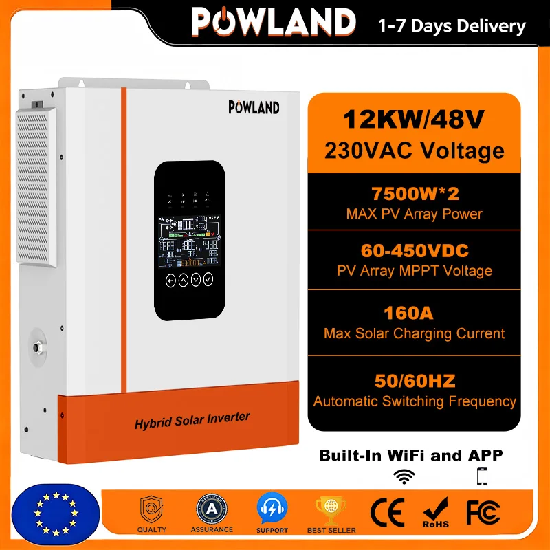 POWLAND 12KW 48V Grid-geïntegreerde Solar Inverter 230V Zuivere Sinusgolf Dubbele MPPT Ingang 160A Max Laadstroom Met Dubbele AC Uitgang En Afstandsbediening WIFI Monitoring