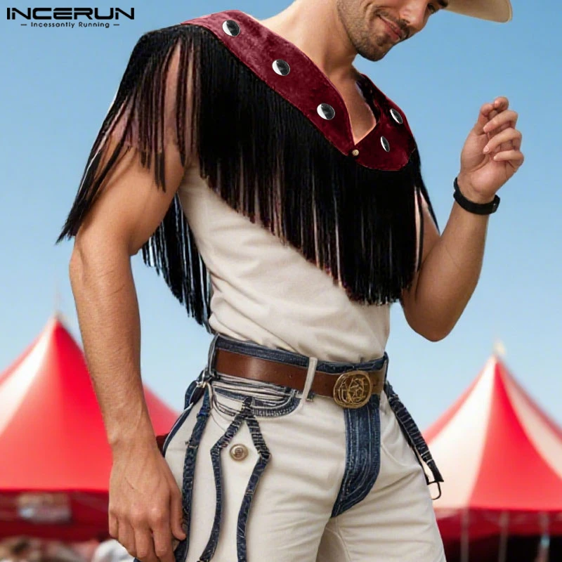 

INCERUN Men Vests Tassel Patchwork V Neck Sleeveless Irregular Vests Men Streetwear 2025 Fashion Casual Male Waistcoats S-5XL