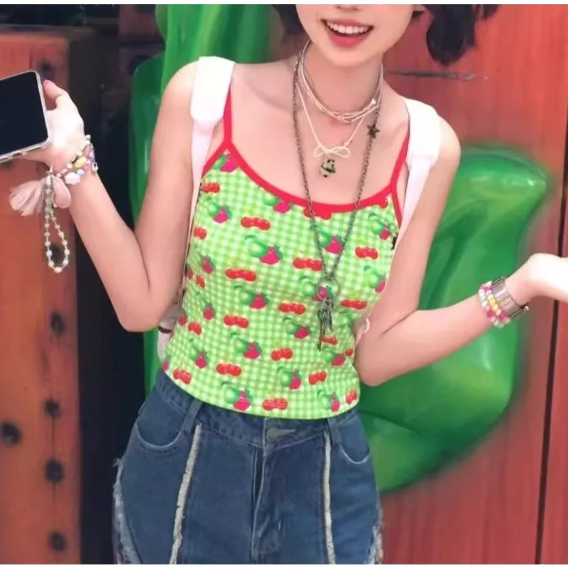 

Summer Y2k Sweet Colorful Check Print Halter Top Slim Holiday Vest Youthful Green Kawaii 2000s Vintage Sexy Basic Women's Camis