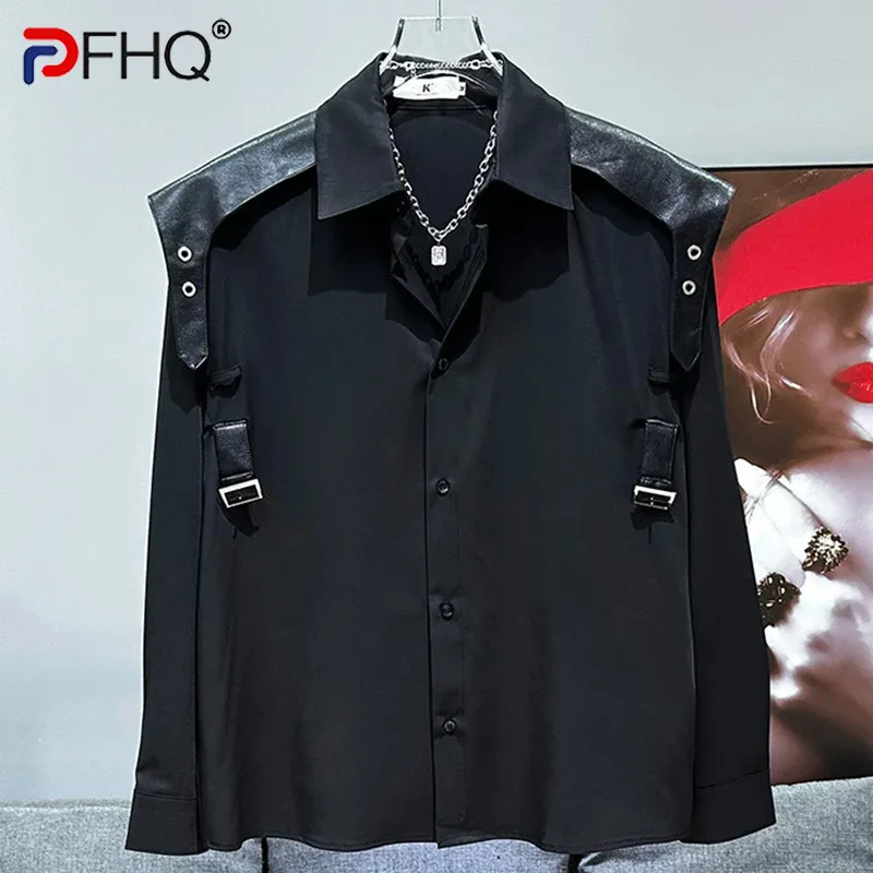 

PFHQ 2024 New Summer Niche Loose Versatile Shoulder Shirt Korean PU Leather Splicing Contrasting Male Tops Fashion 21Z5665