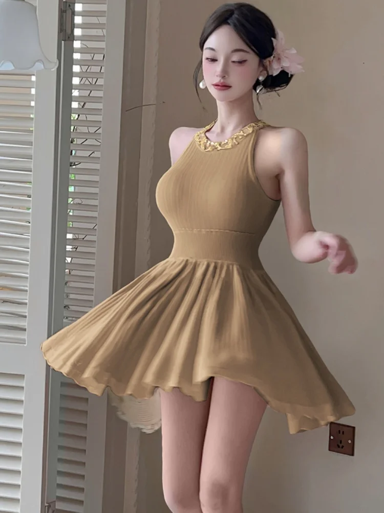 SMTHMA 작은 향기 스타일 라이트 럭셔리 비드 교수형 목 니트 드레스 여성을위한 하이 엔드 슬리밍 민소매 여름 드레스