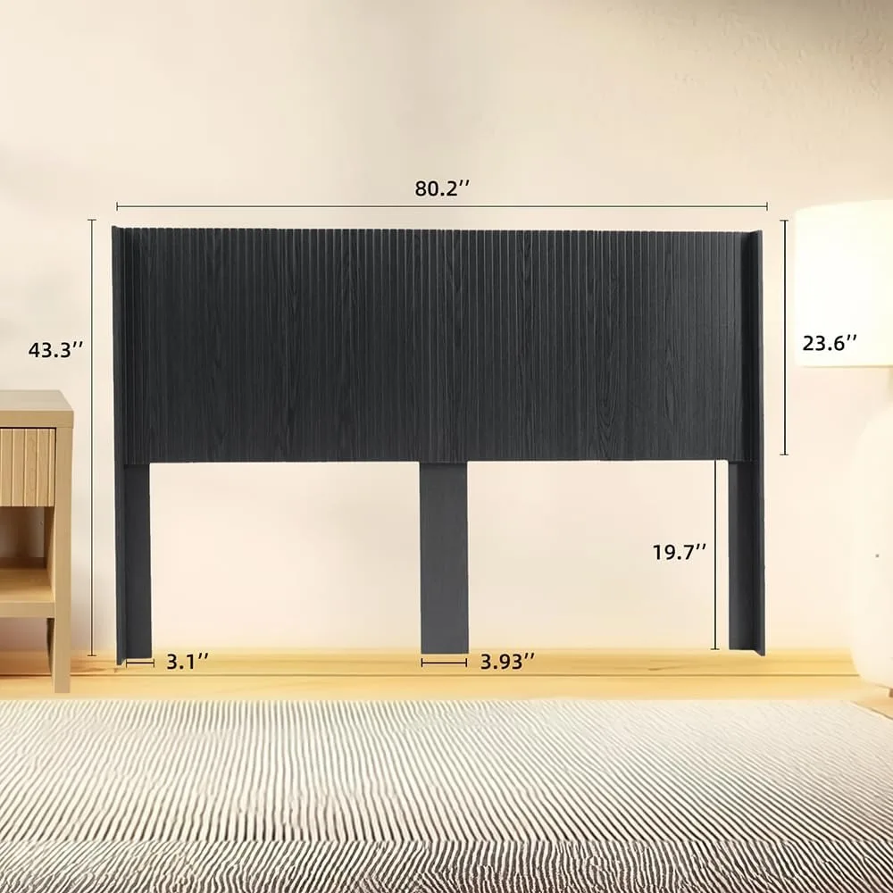 لوح رأسي من King Wood فقط، لوح رأسي مثبت على الحائط مقاس 80.2 بوصة مع لوحة مخددة وتصميم جناح لغرفة النوم، أسود