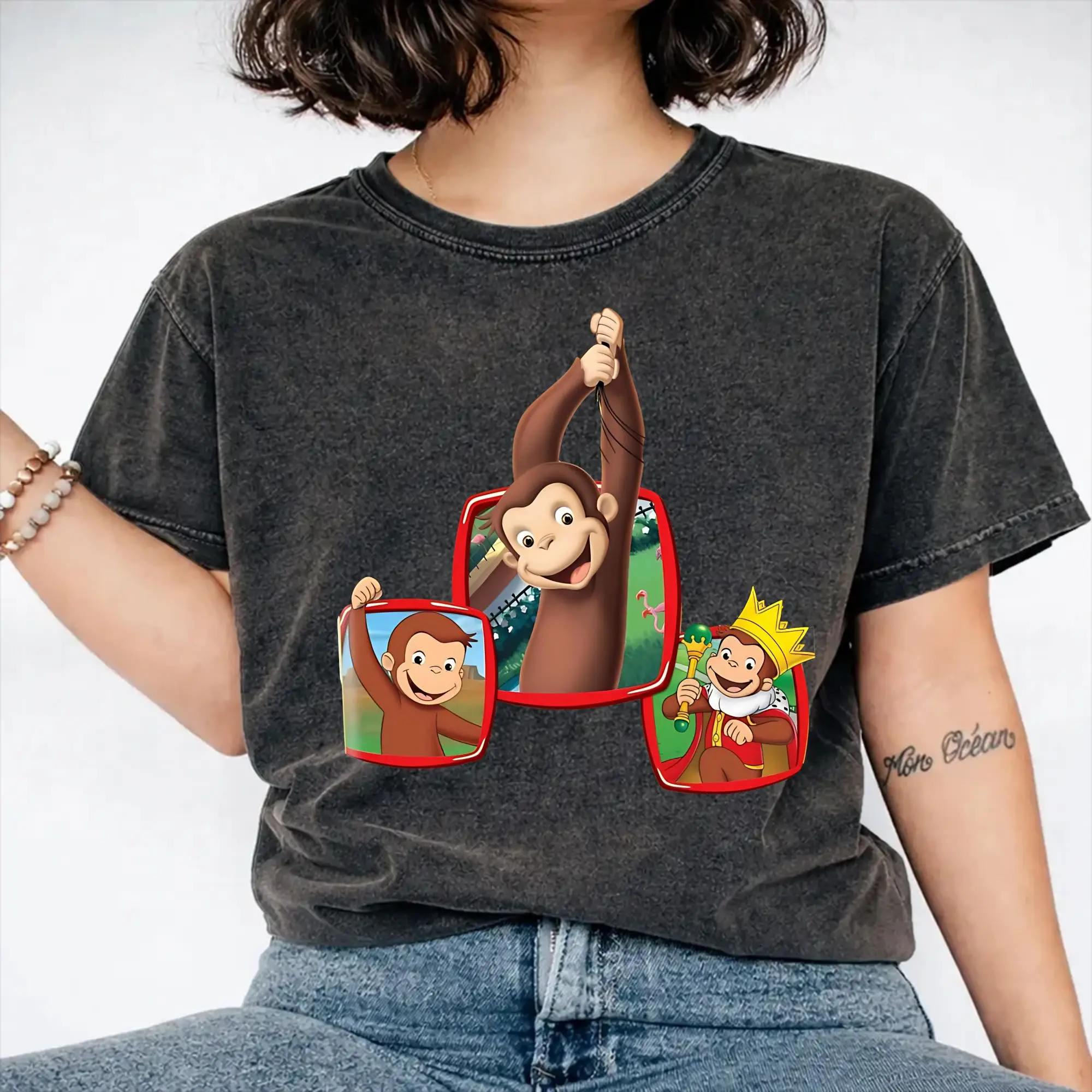 Summer Cute Curious George  Washed Shirts Outfit Harajuku T-Shirt  Men Women Tee Shirt