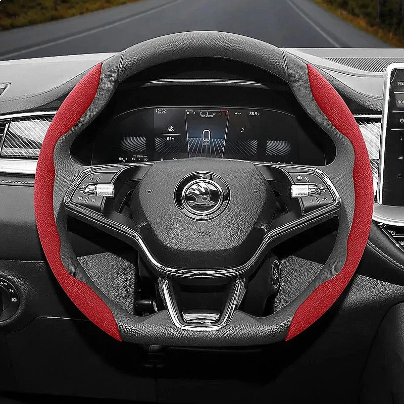 Suitable for Skoda Anti-Slip Buckle Segmented Suede Steering Wheel Cover Suitable for Kodiaq Octavia3 Octavia2 Superb3 Fabia