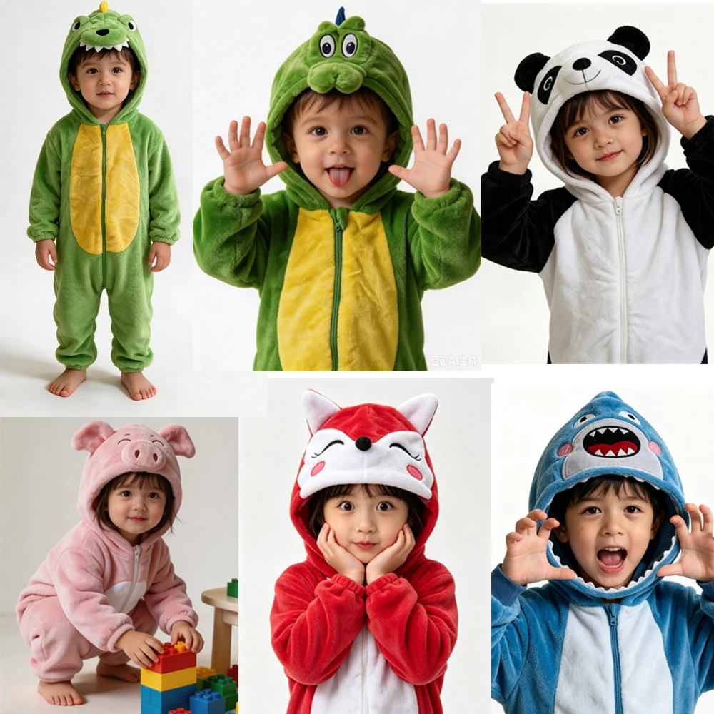 Baby jumpsuit plush crawling suit cute animal shaped panda crocodile dinosaur shark fox piglet Shiba Inu home clothes