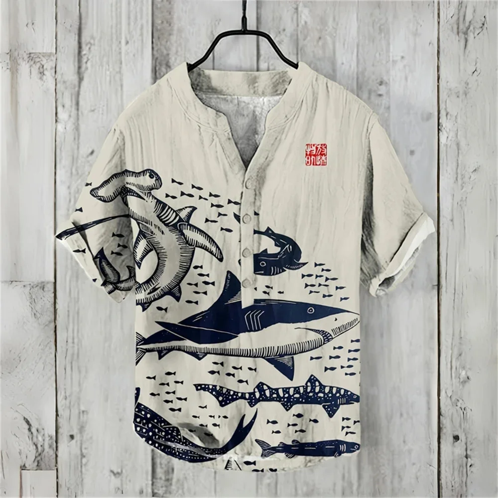 Summer men's short-sleeved POLO shirt linen printed shirt European and American popular elements original octopus printed shirt
