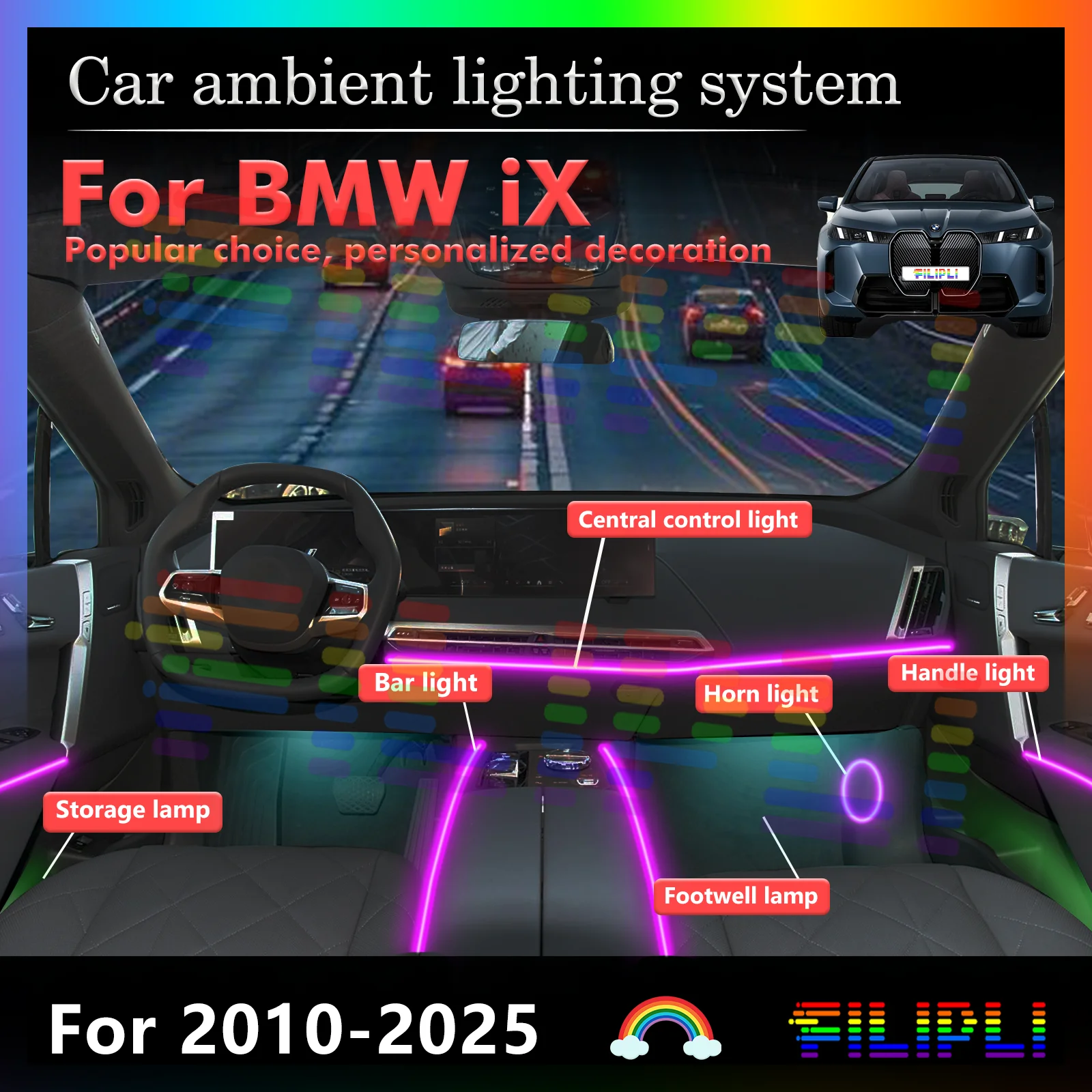 

For BMW ix Smart Remote Control Car Interior Ambient Light RGB 64 Colors LED Energy Saving Efficient Lamp Kit