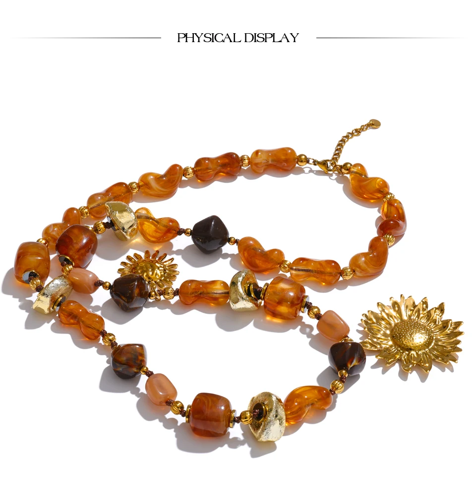 Yhpup 76 + 6 cm Acryl Kunststoff Perlen Kette Sonnenblumen Anhänger Lange Halskette Edelstahl Handgemachte Charme Schmuck Großhandel 2025 – Detail 3