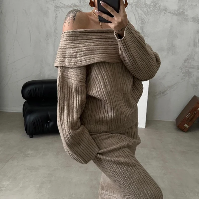 Casual Off Shoulder Sweater Top+Half Skirt Two Piece Set Elegant Long Sleeved Slim Knitted Suit Autumn Winter Warm Women Outfits