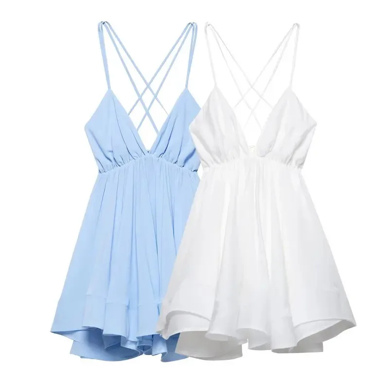

Women's Summer V-Neck Backless Pleated Mini Dress Fashionable Sling Lace-Up A-Line 2-Color Hot Girl Holiday Dress