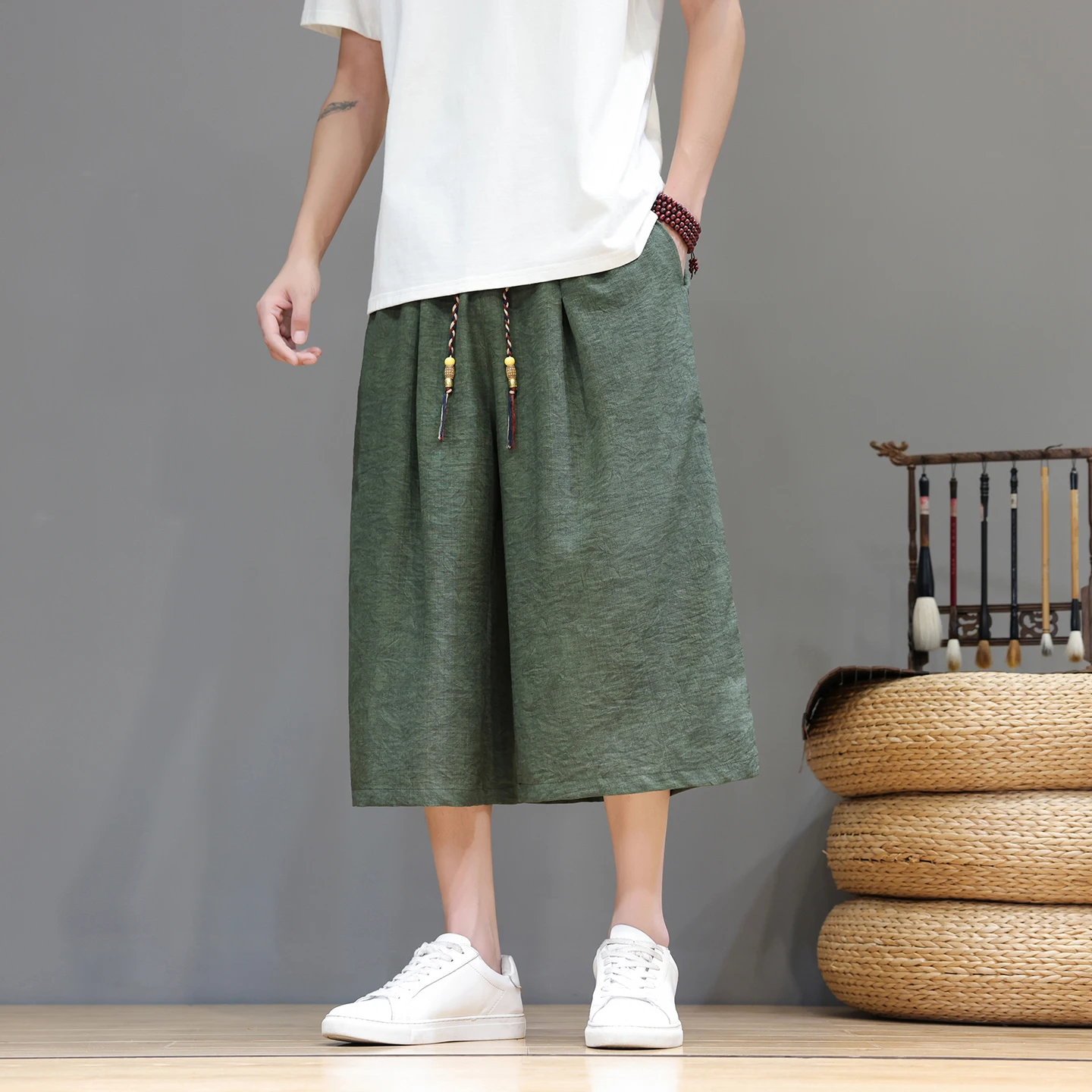 Summer Men Ice Silk Cropped Pants Chinese Style Men Retro Straight Beach Pants Breathable Cool Thin Casual Trousers Women Bottom