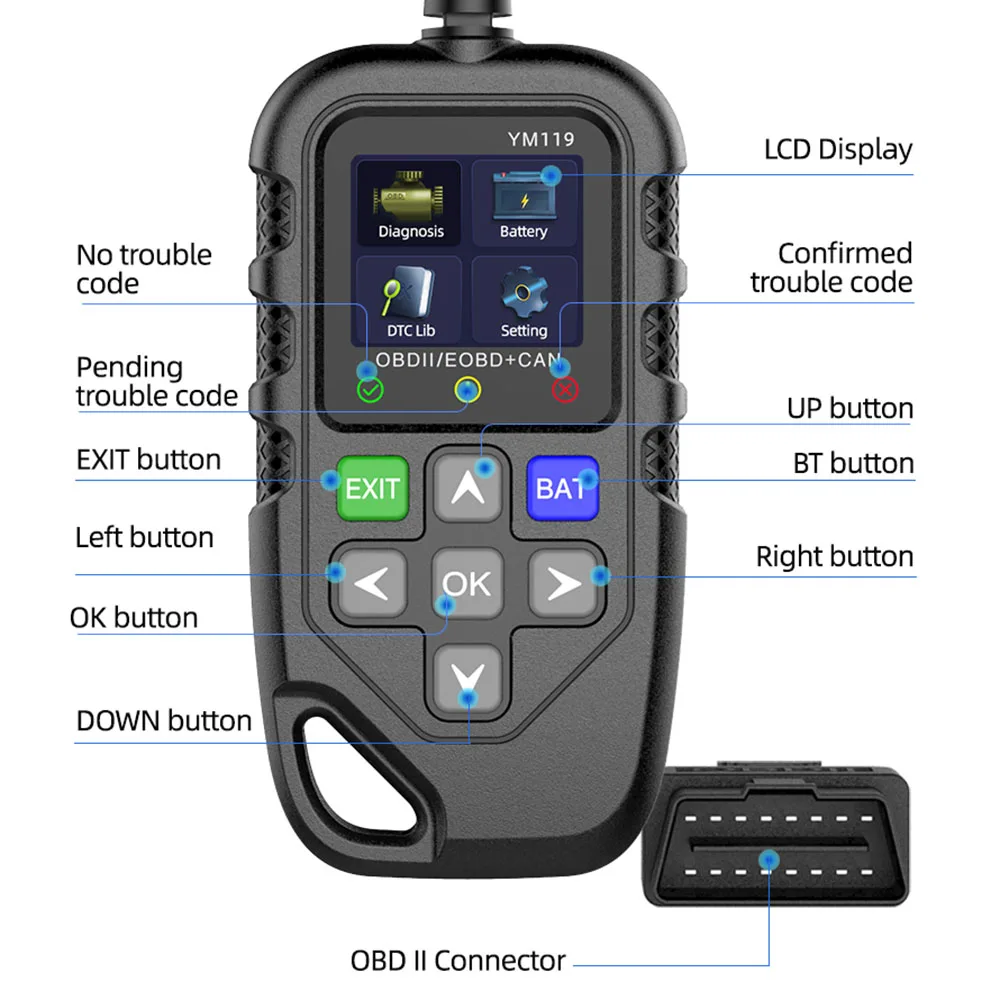 YM119 Obd2 الماسح الضوئي تحقق قارئ رمز المحرك جهاز اختبار بطارية واضح خطأ الرموز obdii الماسح الضوئي أداة تشخيصية لسيارة Elm327