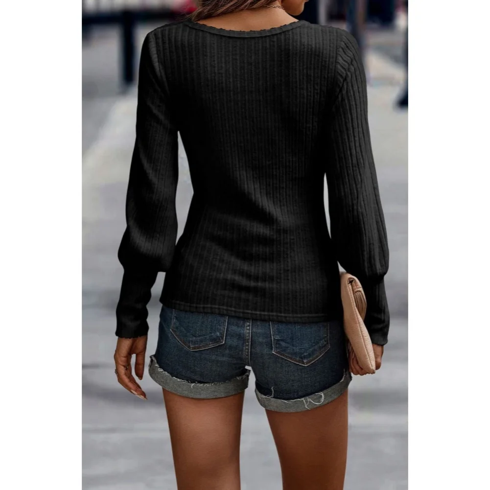 Casual Summer Blouse Ribbed Knit Shirt Polyester Fabric Medium Elasticity Solid Color Pattern Regular Length Soft Touch S M