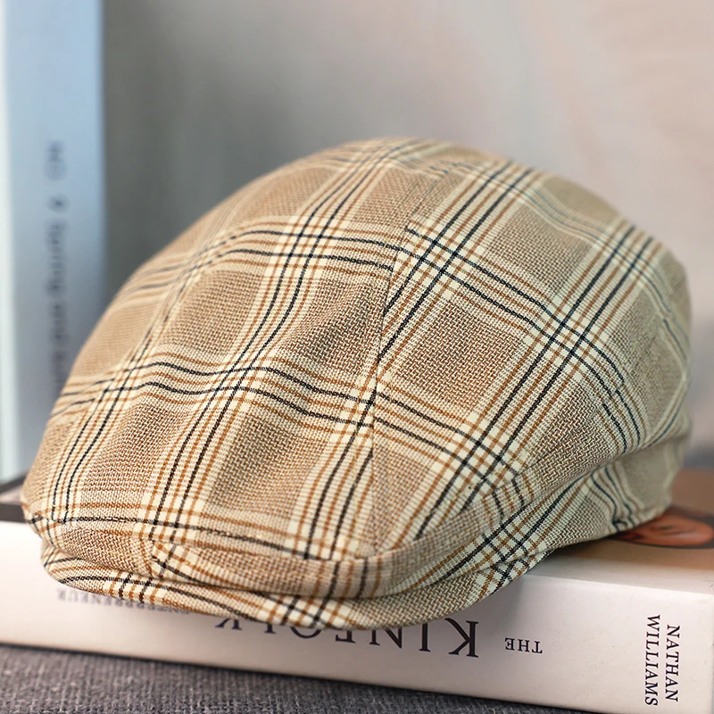 Wiosna Lato Lniana Czapka Newsboy Nowa Beżowa Krata Oddychający Beret Męski Damski Literacki Retro Kapelusz Anglia Kapelusze Męskie A-36