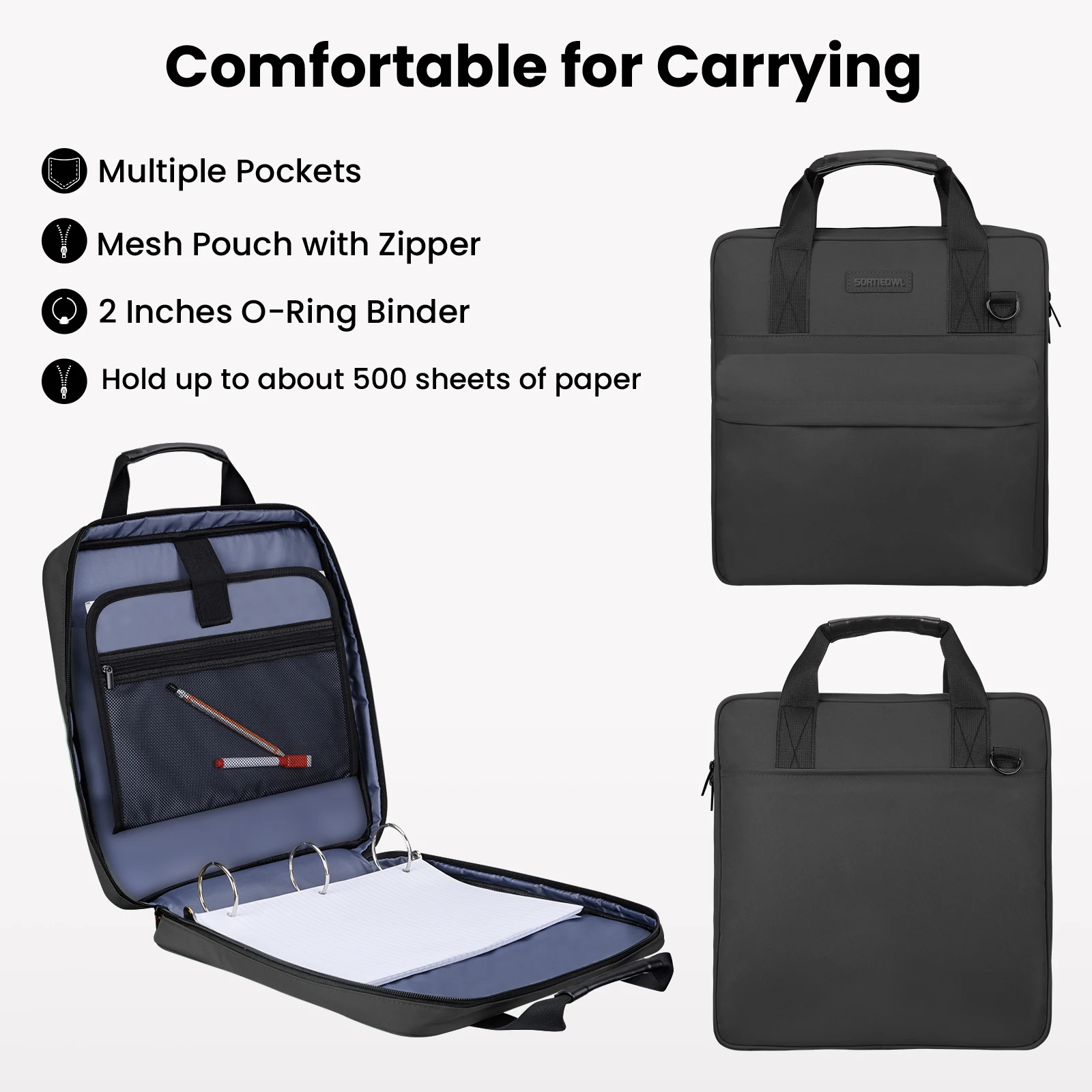 SortieOwl Raccoglitore con cerniera a 3 anelli da 2 pollici con tracolla e movimentazione - Raccoglitore scolastico multitasche, borsa per documenti