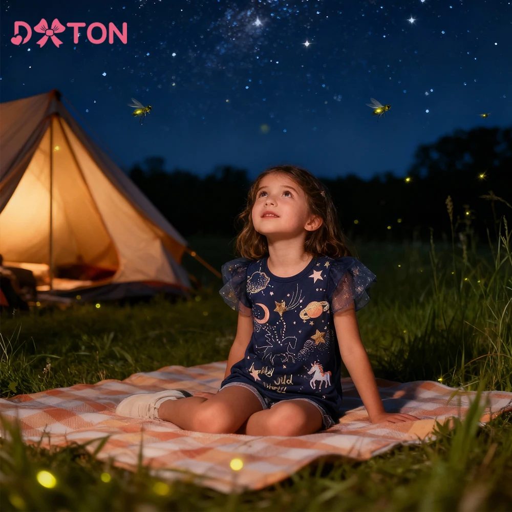 DXTON Summer Baby Girls Tops Letter Printed Sleeveless Children T-shirts Kids Cotton T shirt Star Starry Ruffled Toddler Tees