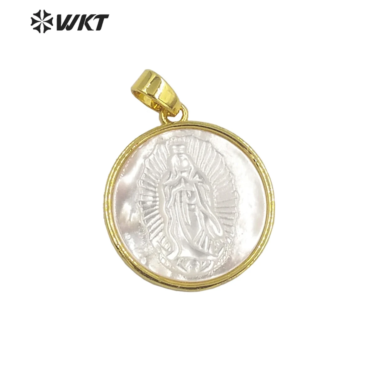 WT-JP321 Wholesale Fashion Gold Plated Mother Of Pearl Religion San Benito Jewelry Pendant 20mm Round Shell Maria Vigen