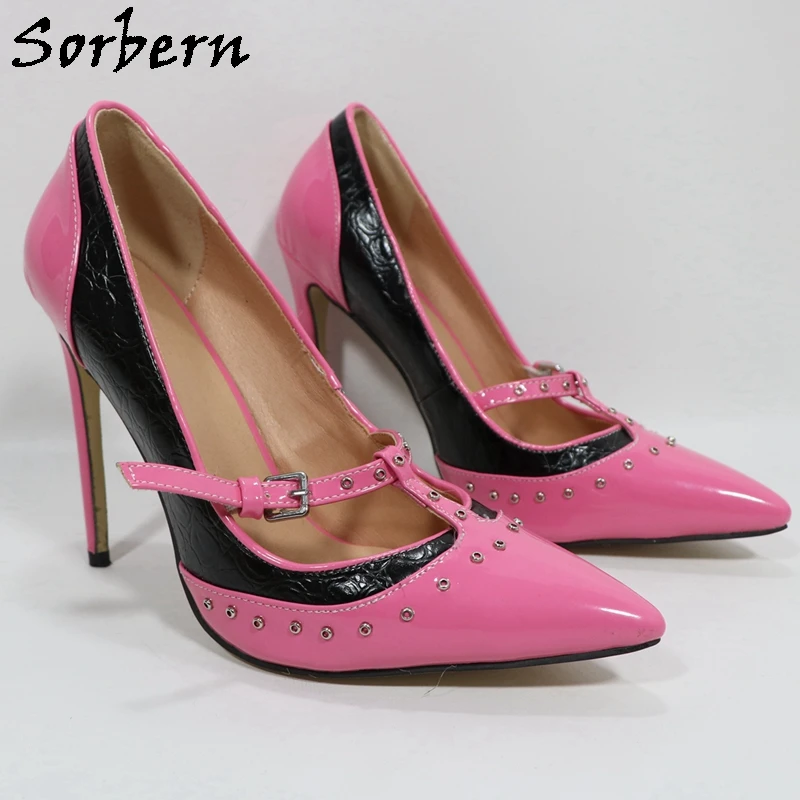 Sorbern Pink Patent Women Pump Shoes T-Strap Stone Pressed Rivet Mary Janes Pointed Toe Ladies Shoes Ol Party Heels Multi Color