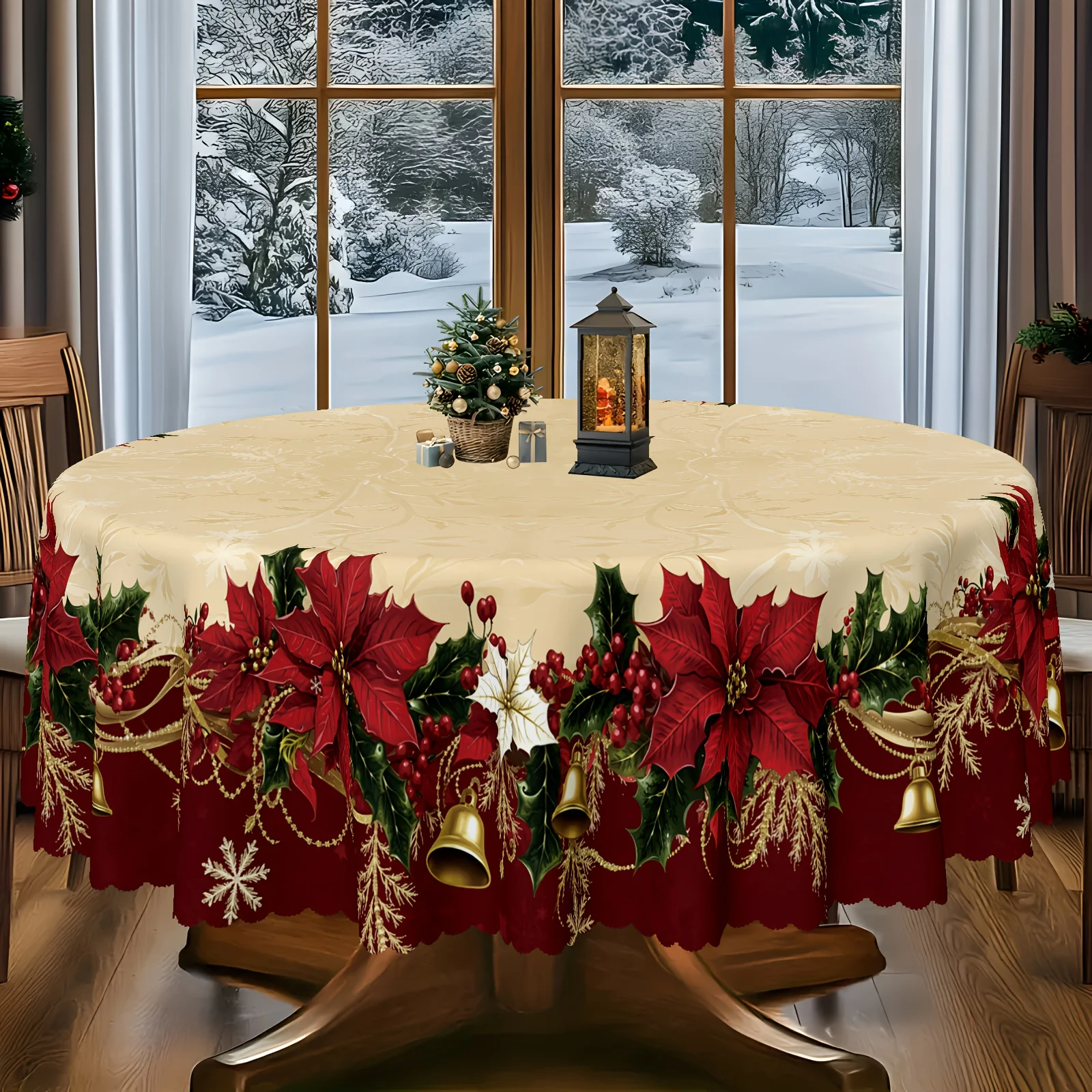 1pc Christmas bell floral printed round tablecloth, with vine texture in the center of the tableclothzyc