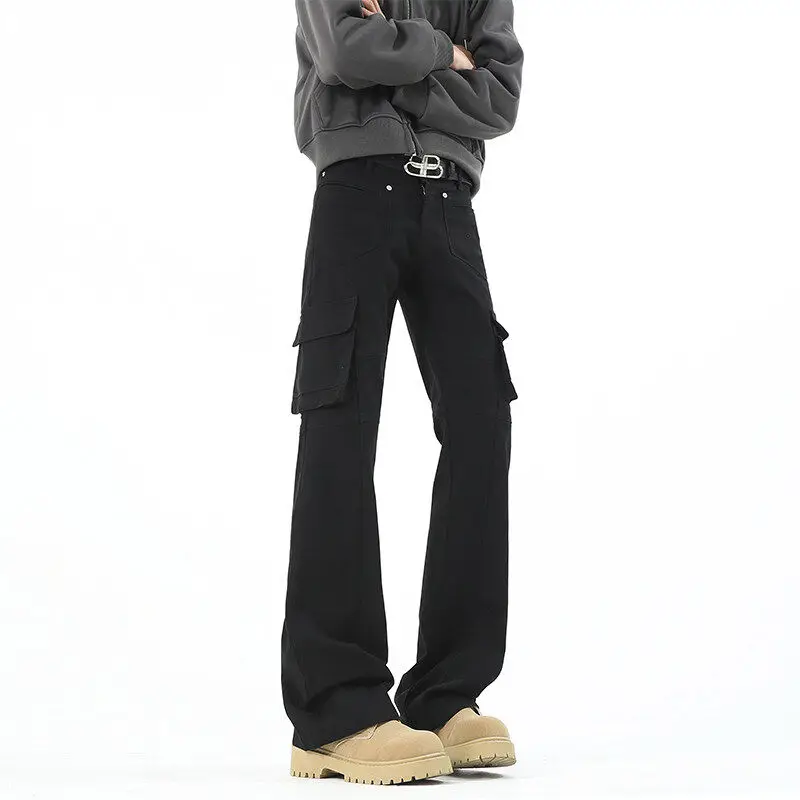 アメリカンハイストリートレトロ迷彩パンツメンズスリムフィットマルチポケット作業服パンツ痩身マイクロフレアズボン