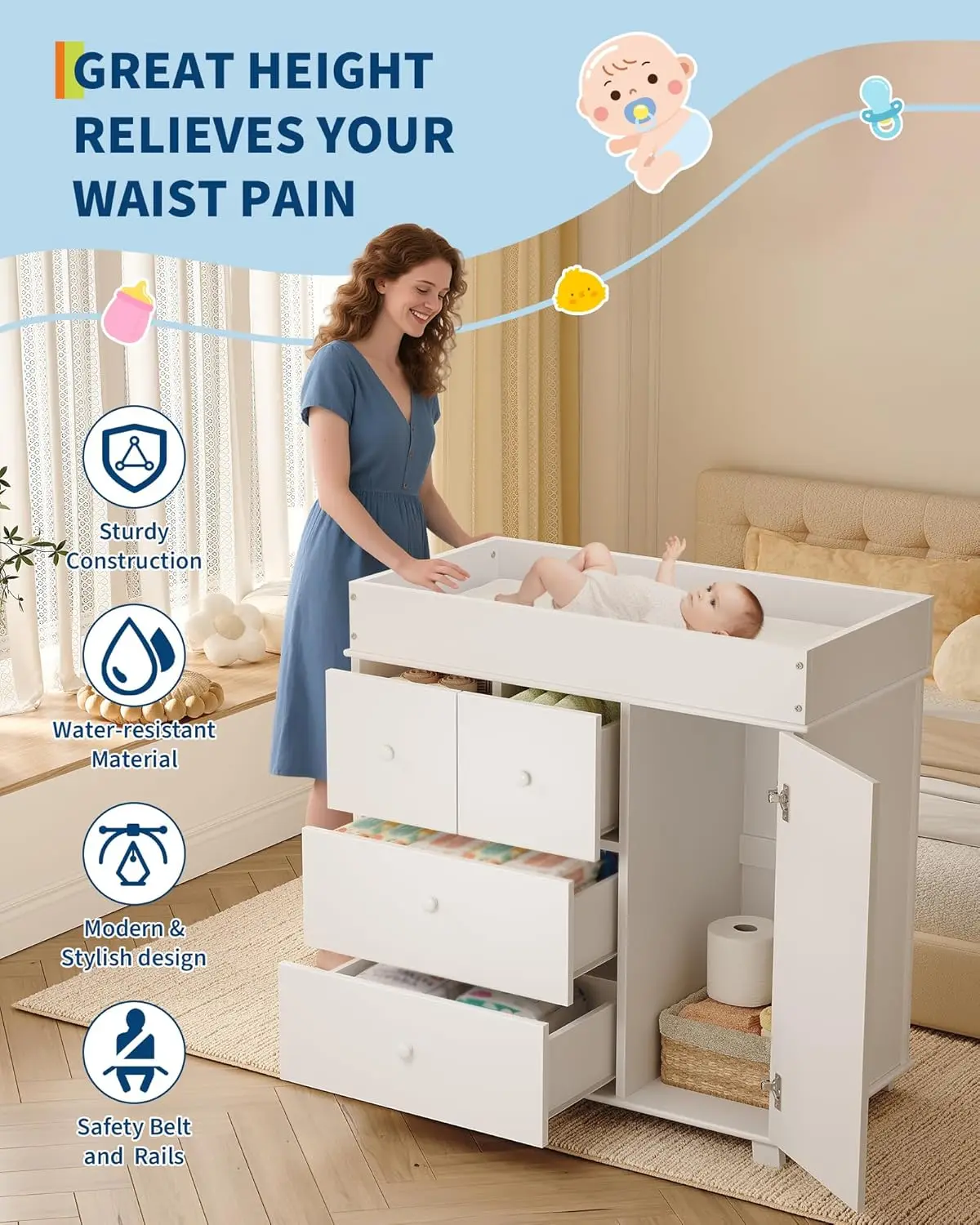 طاولة تغيير خزانة الأطفال مع 3 أدراج ومحطة تغيير الحفاضات الحديثة مع سرير تخزين الوسادة #1