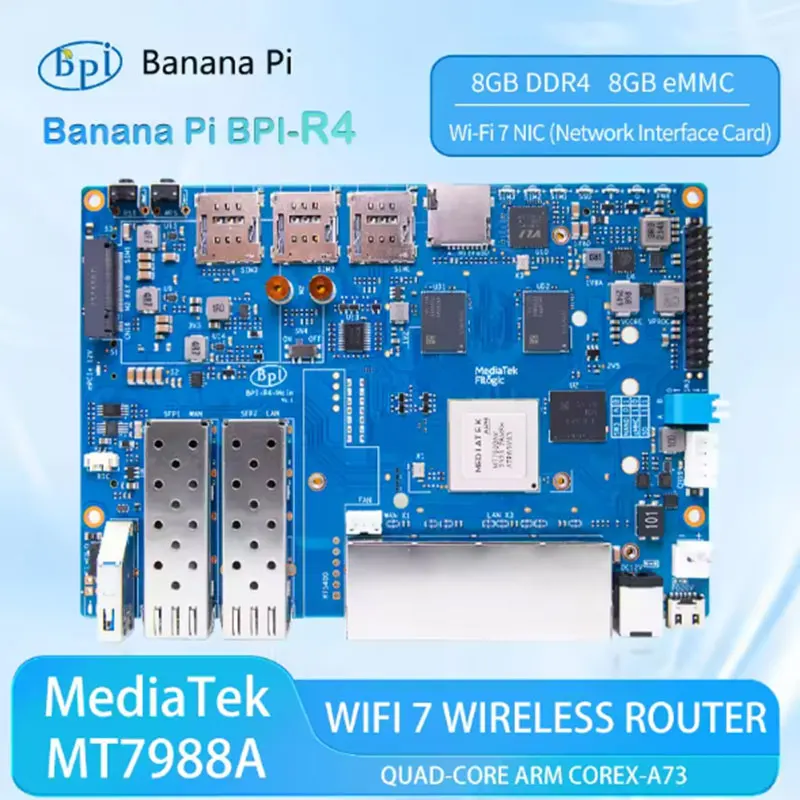 

Banana Pi BPI-R4 MediaTek MT7988A (Filogic 880) четырехъядерный кронштейн Corex-A73 8 ГБ DDR4 8 ГБ eMMC Поддержка платы Smart Router Openwrt