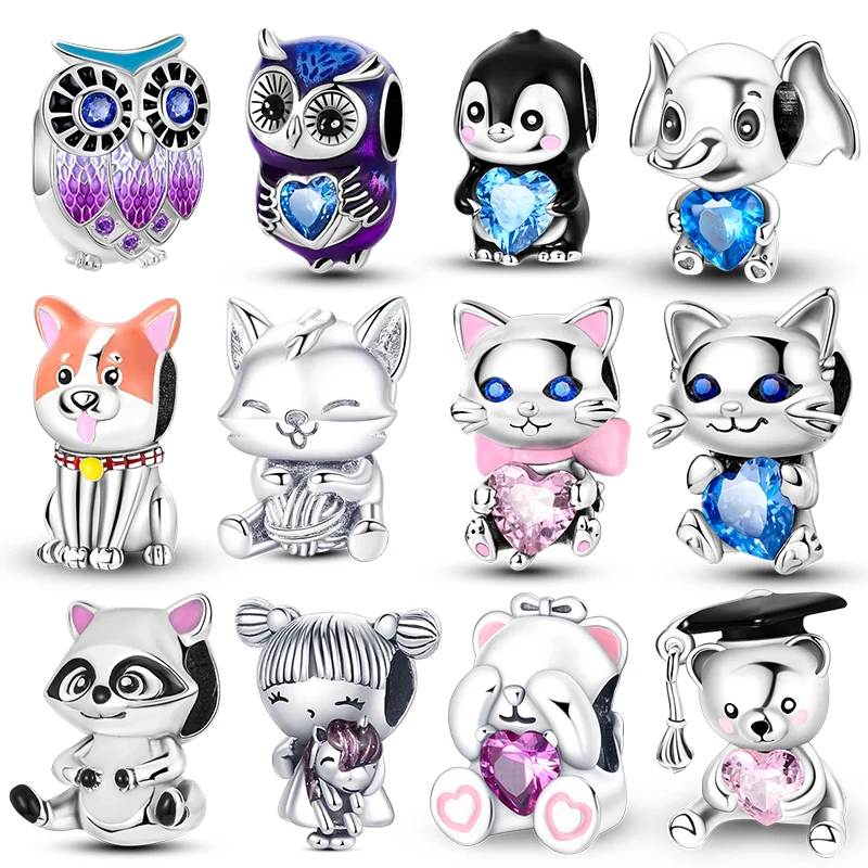 

Fit Brand Women 925 Original Bracelets Blue Zircon Owl dinosaur Animal Charms Beads 925 Silver Charms Beads DIY Birthday Jewelry