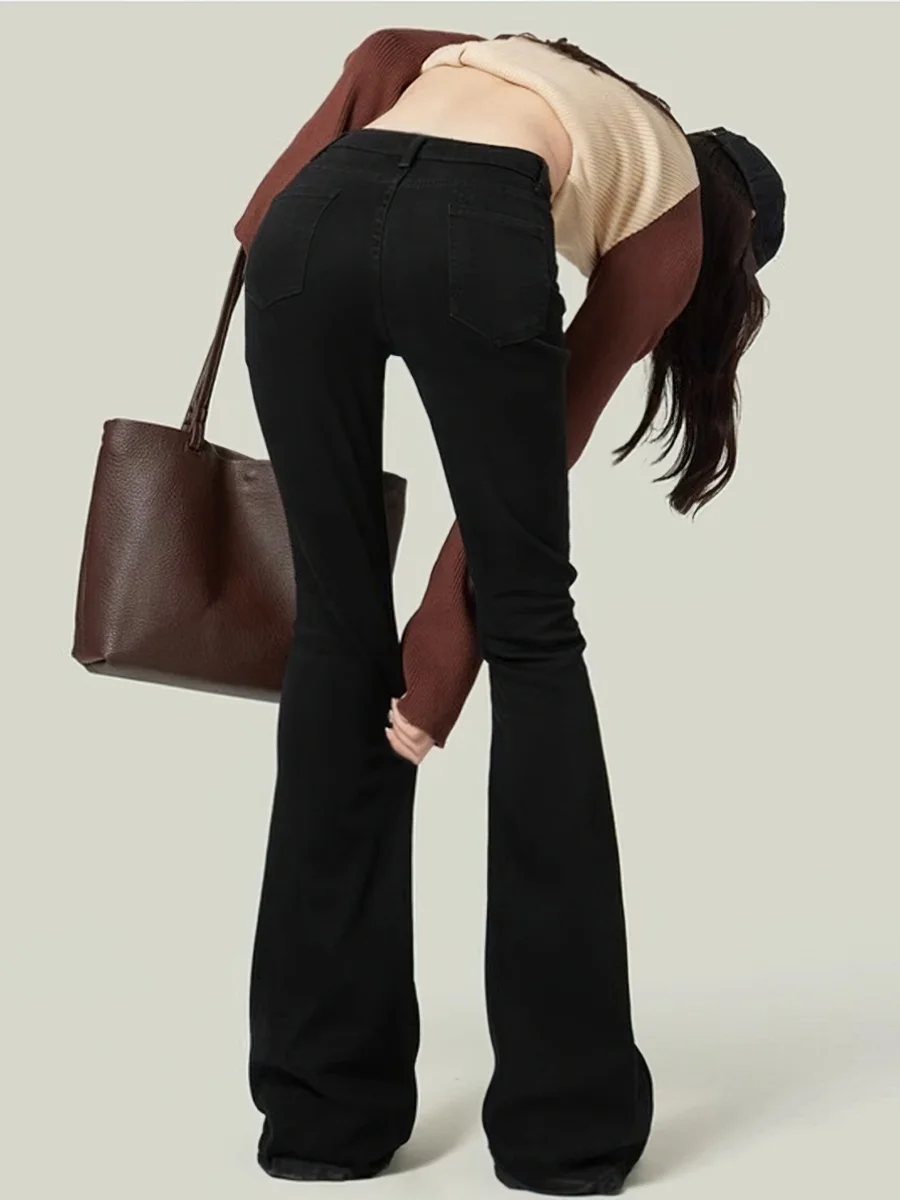 

Джинсы с высокой талией и расклешенным низом для женщин, эластичные, больших размеров, зауженные к низу, для фигуры «груша», из хлопкового эластичного денима