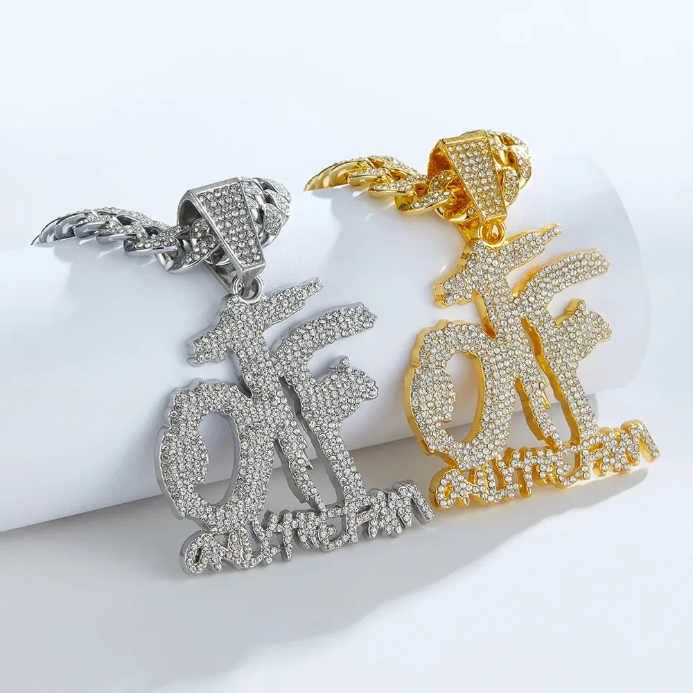 Fashionable English Letter OTF Full Drill Pendant Necklace Cuban Style For Men And Women Hip Hop Street Jewelry