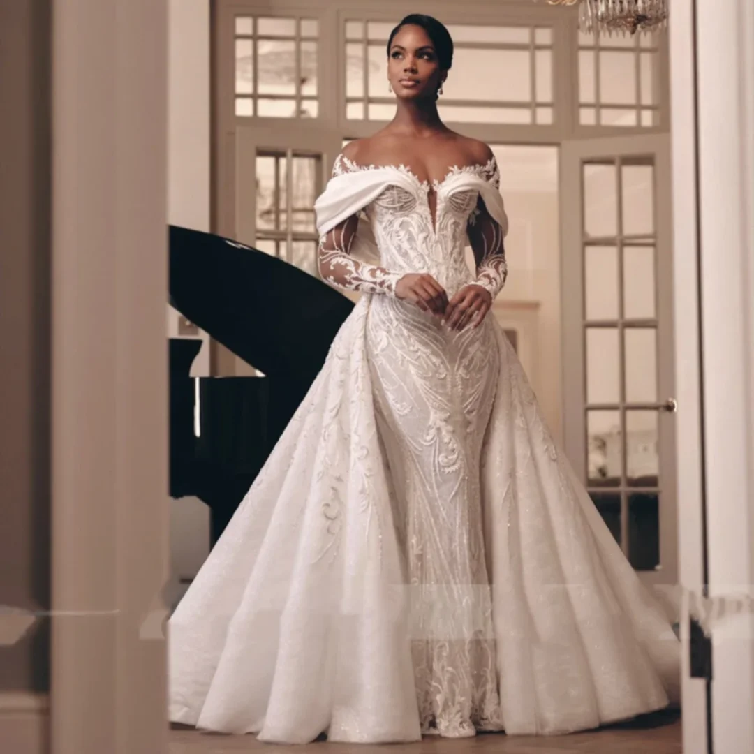 

Luxury Lace Mermaid Wedding Dress Off Shoulder Long Sleeve Deep V-neck Detachable Tail Elegant Shining Wedding Dress Custom