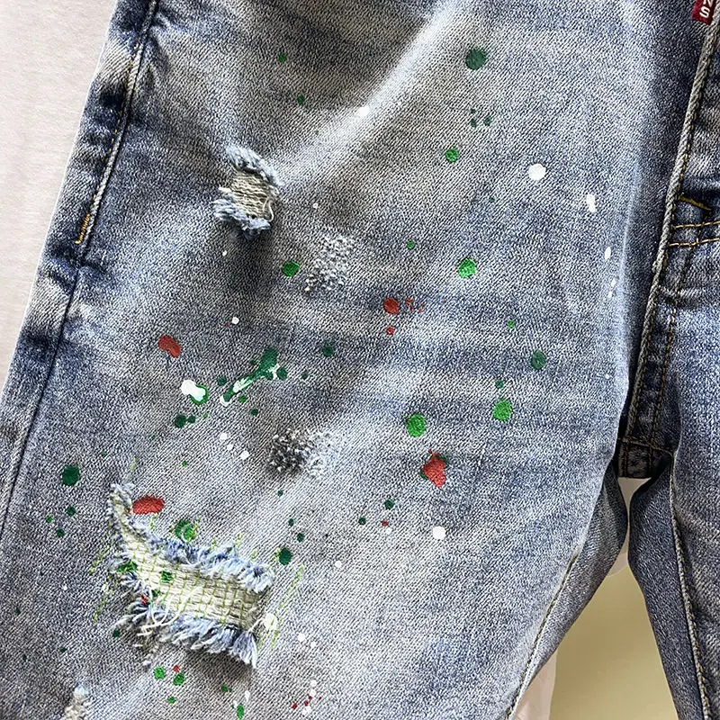 Blauwe shorts voor heren Casual high-end trendy merk Patch Ripped Ink Splashing Denim Shorts Rechte slim-fit middenbroek voor heren