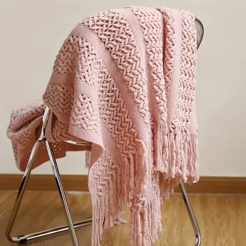 Pink Gift Knitted Blankets Textured Throw Blankets with Tassels Chunky Vintage Luxury Couch Bedspread Cover Cozy Nordic Blankets