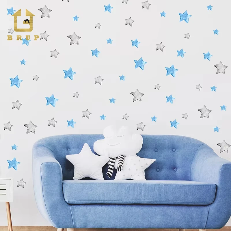 BRUP Watercolor 56 Dots Blue Grey Stars DIY Wall Stickers Kids Room Baby Room Bedroom Nursery Room Wall Decals Home Decoration