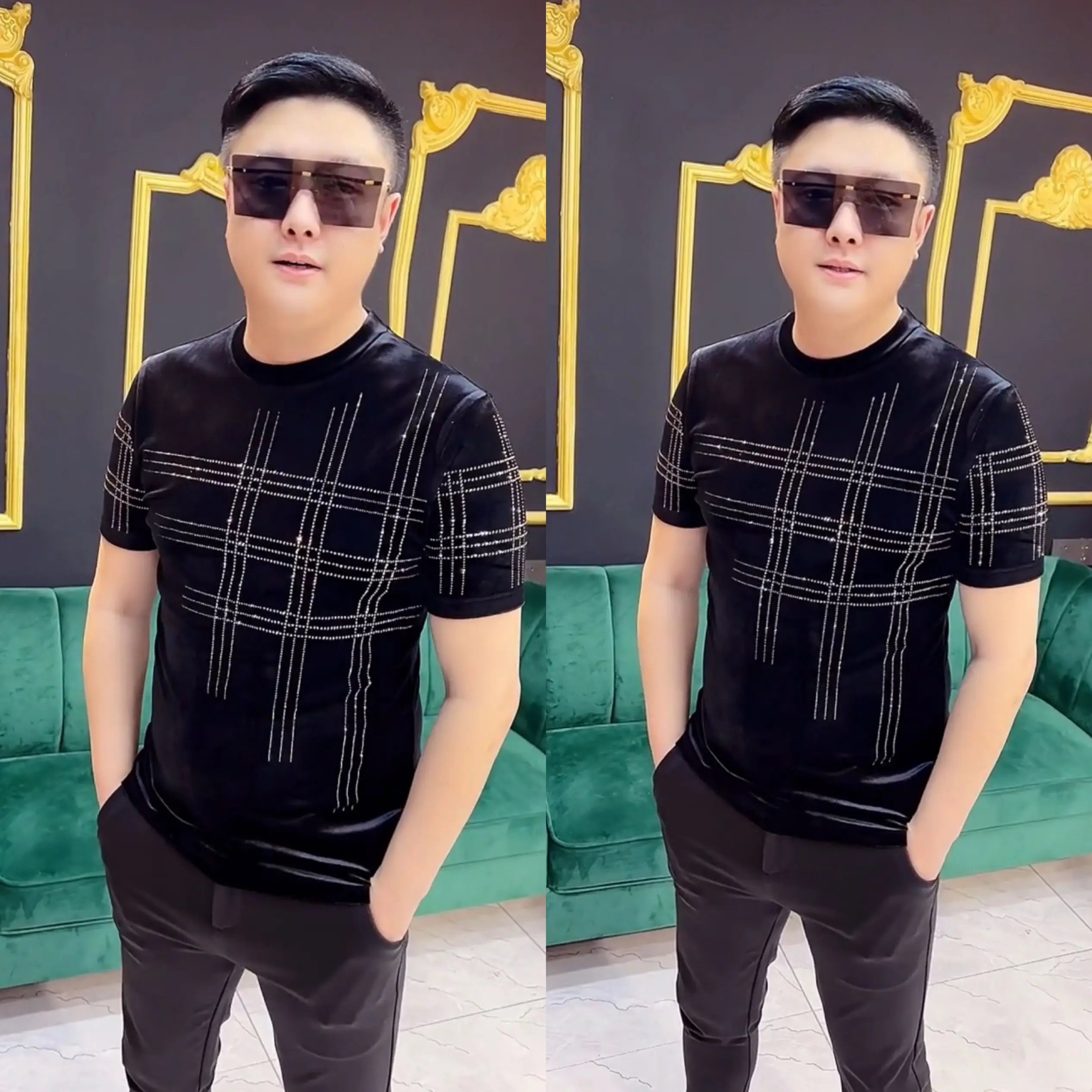 

Модная мужская футболка из золотистого бархата с коротким рукавом, удобная повседневная стильная рубашка, новинка осени-зимы, с круглым вырезом