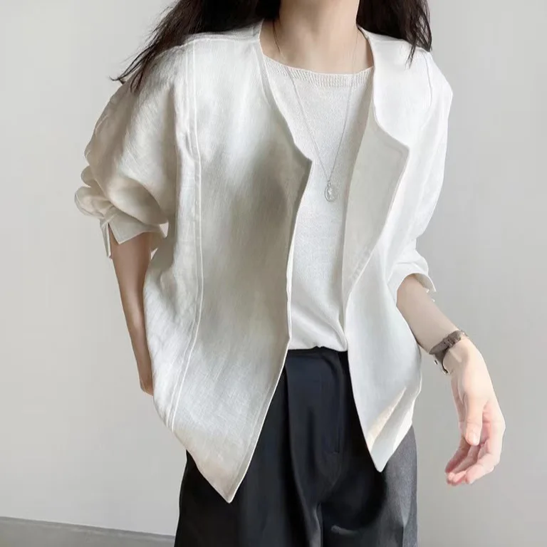 Kurzer Mantel für Damen, Strickjacke, gespleißt, langärmelig, feste Freizeitjacke, Oberbekleidung, einfache Rundhalsjacken, offener Stich, Herbst 2025,