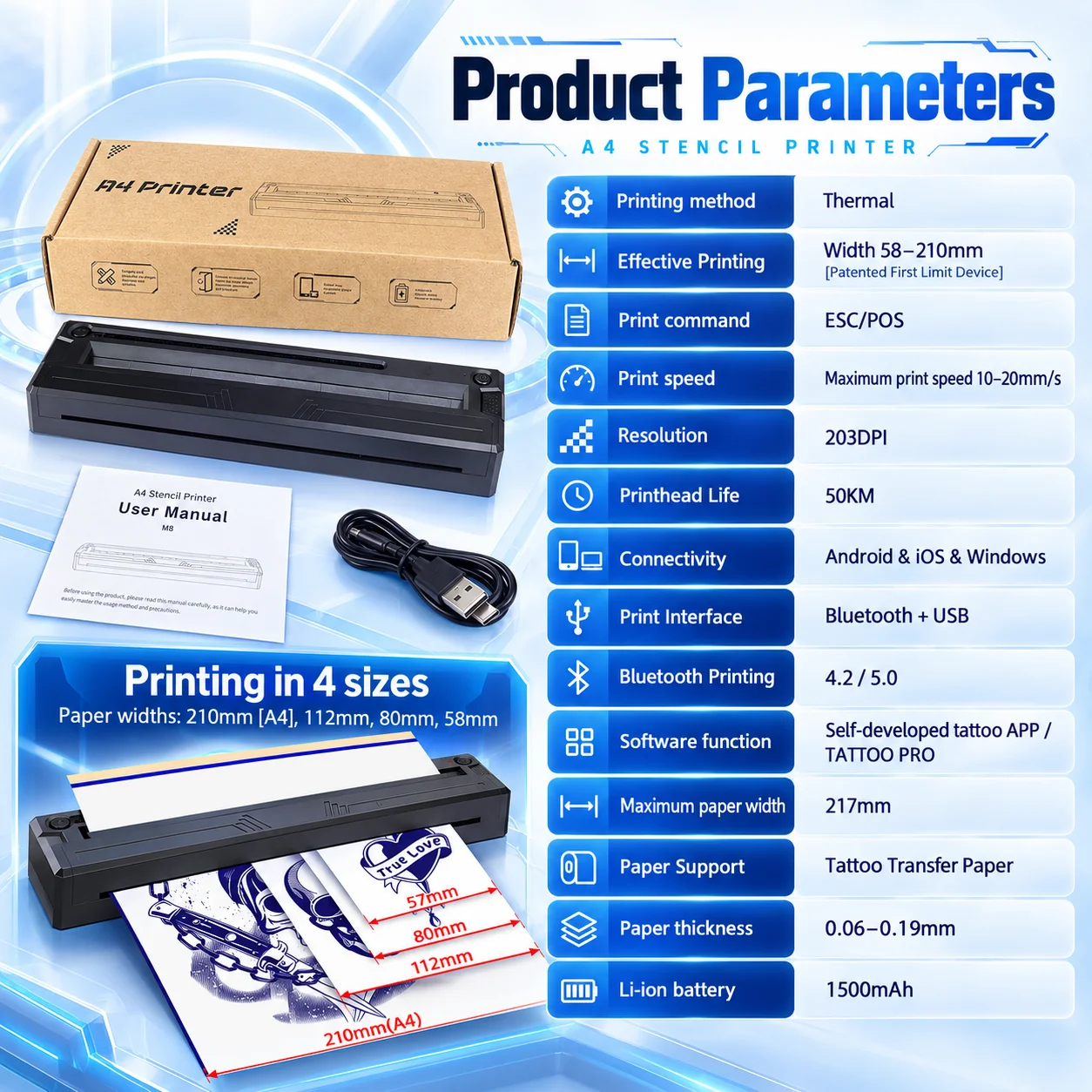 Audersigt Bluetooth Tattoo Transfer Printer Stencil Machine Compatible with Smartphone PC with 10PCS Tattoo Paper