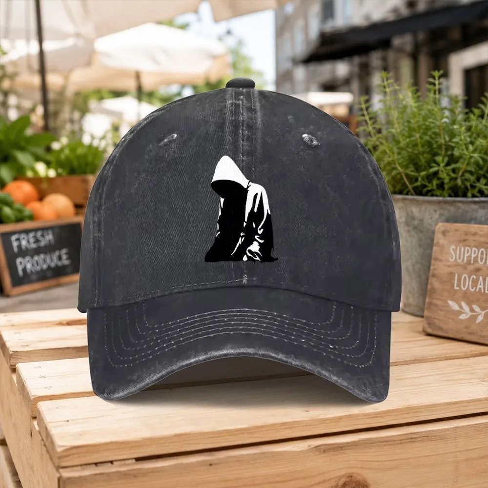 Hooded Figure Graphic Distressed Baseball Cap Unisex Cotton Outdoor Cap for Camping Hiking Sports